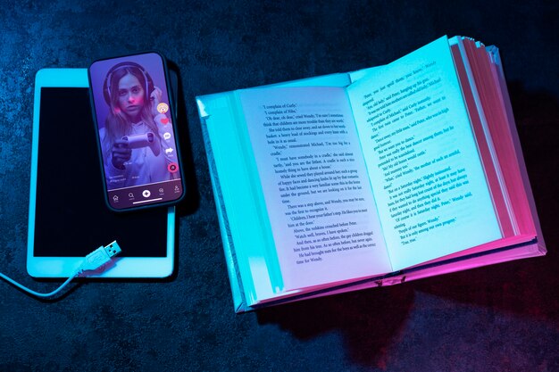 Natura morta di libri contro tecnologia