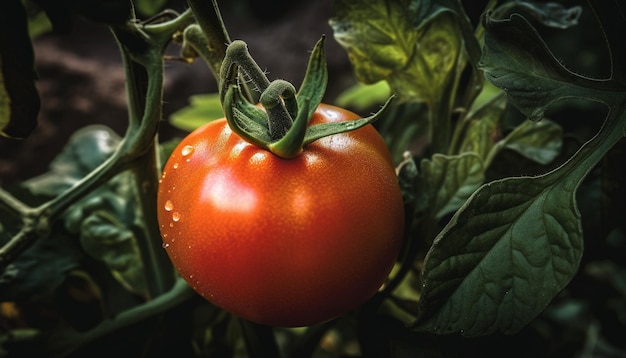 Nature Harvest Ripe Tomato Drop on Leaf generato dall'IA