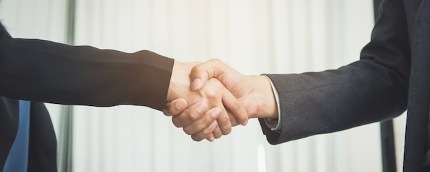 Negoziare le imprese, Imprenditrice imprenditrice stretta di mano, felice con il lavoro, donna d&#39;affari che sta godendo con il suo compagno di lavoro, Handshake Gesturing People Concept Connection Deal.