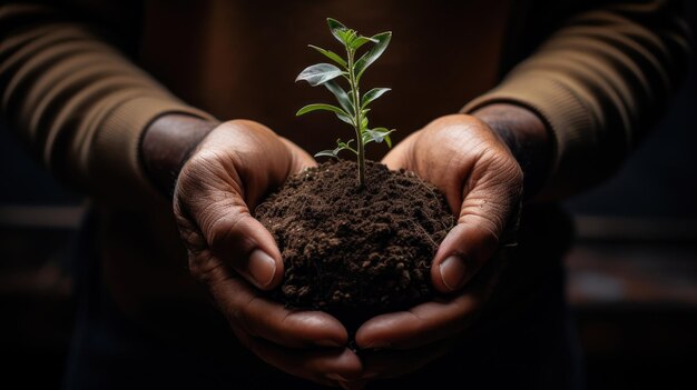 Nei palmi delle mani una Terra verde con piante che germogliano