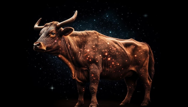 Nella notte oscura un toro cornuto pascola sull'erba generata dall'IA