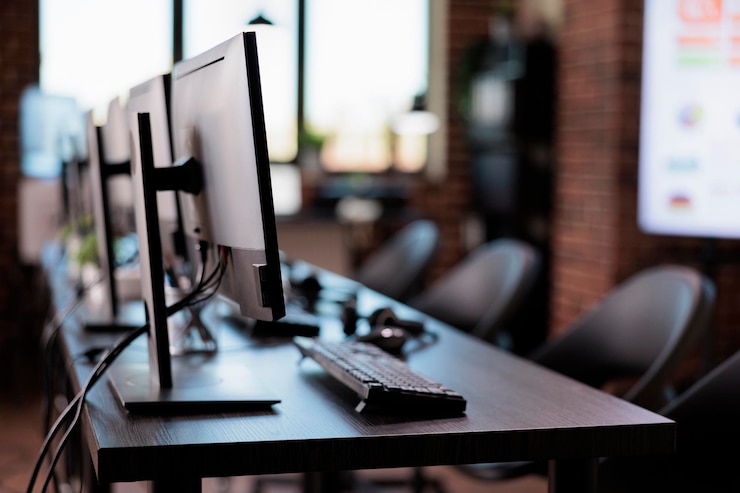 Foto gratuito nessuna persona all'helpdesk del call center con più monitor in ufficio, servizio clienti e telecomunicazioni di supporto clienti. nessuno che lavora all'assistenza di telemarketing con il contatto della linea di assistenza.
