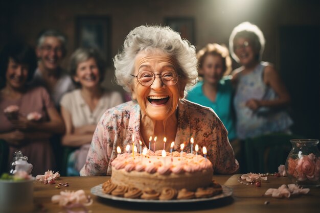 Nonna che tiene una deliziosa torta di compleanno