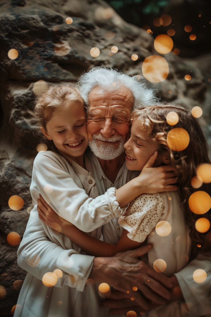 Foto gratuito nonni e nipoti in un ambiente magico e fantasioso che festeggiano il giorno dei nonni