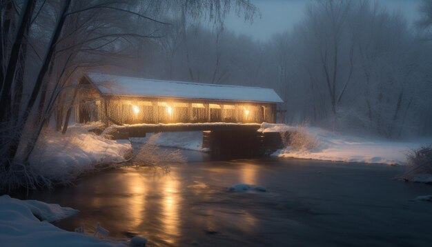 Notte d'inverno nevicata scena tranquilla cottage illuminato generato da AI