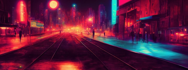 Notte di città al neon cyberpunk Scena di città futuristica in uno stile di pixel art Carta da parati anni '80 Futuro retrò Illustrazione AI generativa Scena urbana