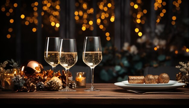 Notte di festa vino e cibo gourmet su tavolo di legno generato dall'intelligenza artificiale