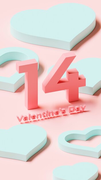 Numero 14 per san valentino con cuori 3d