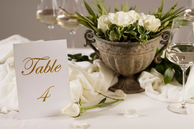 Foto gratuito numero del tavolo da matrimonio ad alto angolo con fiori
