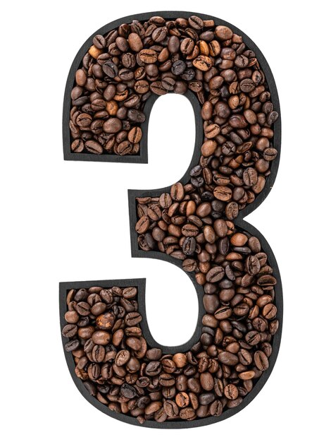 Numero in cornice nera fatta di chicchi di caffè arrostiti su sfondo trasparente