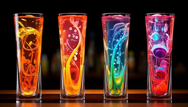 Occhiali futuristici di colori vivaci con cocktail di soda