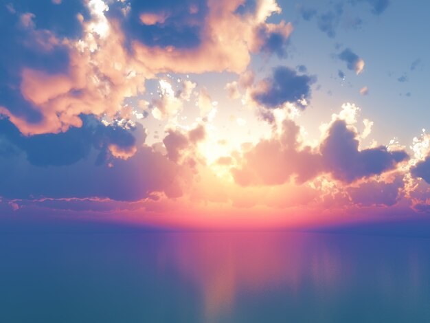 Oceano 3D contro il cielo di tramonto