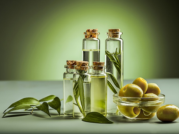 Olio d'oliva e ramo di ulivo sulla tavola di legno