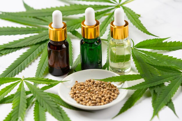 Olio di canapa da semi e foglie di canapa Marijuana medica.