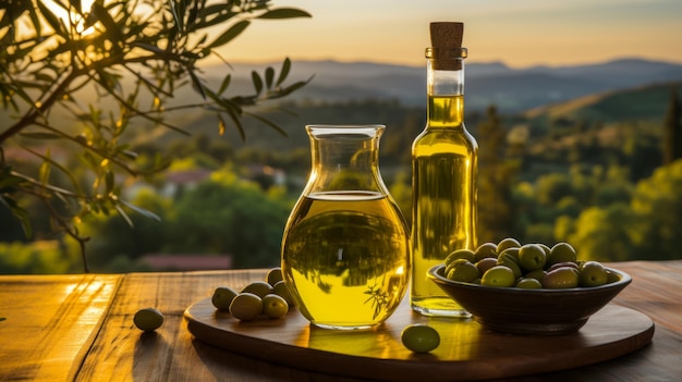 Olio fresco e olive sulla tavola sullo sfondo di una fattoria e di un uliveto puro olio vergine