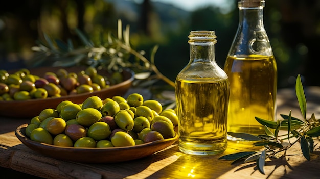 Olive su un piatto di legno e olio fresco sul tavolo che pubblicizzano l'olio prodotto nella fattoria