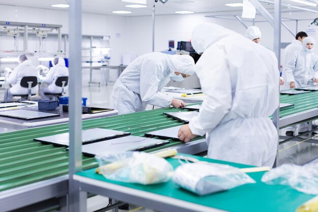 Operai in tute da laboratorio bianche e maschere facciali che producono televisori su una catena di montaggio verde