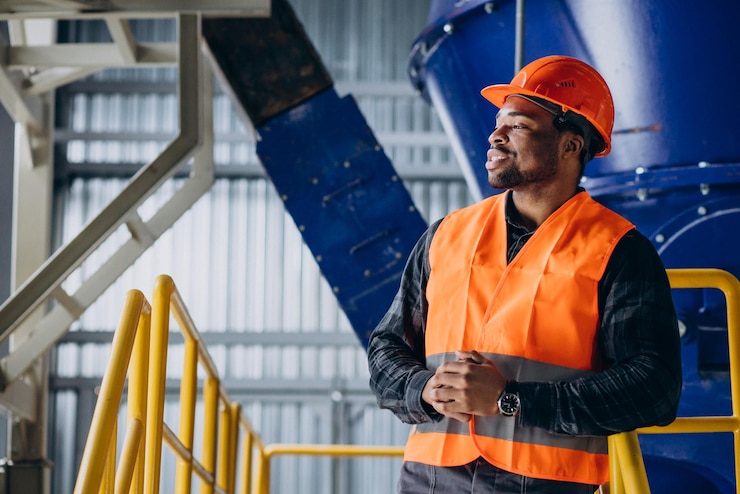 Foto gratuito operaio afroamericano in piedi in uniforme che indossa un cappello di sicurezza in una fabbrica