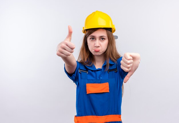 Operaio del costruttore della giovane donna in uniforme della costruzione e casco di sicurezza che mostra i pollici su e giù che stanno sopra il muro bianco