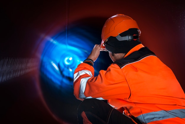 Operaio edile della conduttura in uniforme protettiva riflettente ispezionando il tubo del tubo per la distribuzione del gas naturale