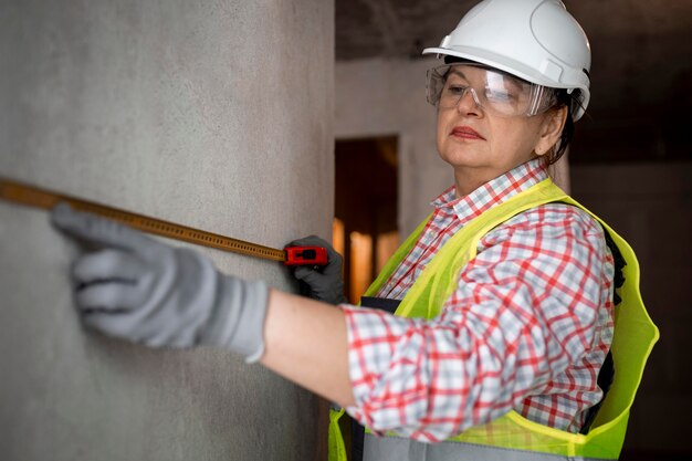 Operaio edile femminile con casco e misuratore di nastro