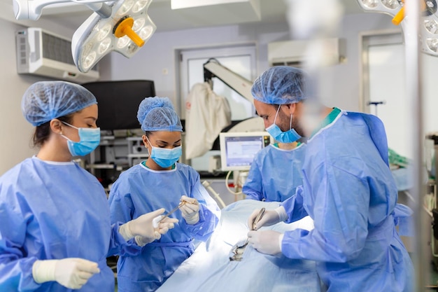 Operazione chirurgica Gruppo di chirurghi in sala operatoria con apparecchiature chirurgiche Messa a fuoco selettiva di background medico Team di chirurghi che lavora insieme durante l'operazione