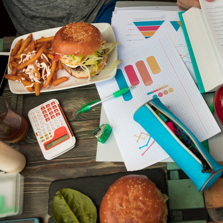 Foto gratuito orario del pranzo con hamburger durante gli studi