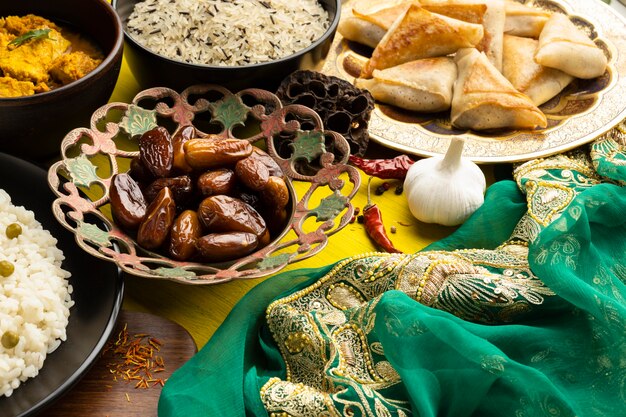 Organizzazione del cibo con sari ad alto angolo