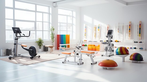 Organizzazione della terapia di fitness funzionale in una stanza bianca e pulita