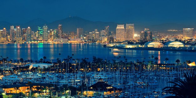 Orizzonte del centro di San Diego di notte con la barca nel porto.