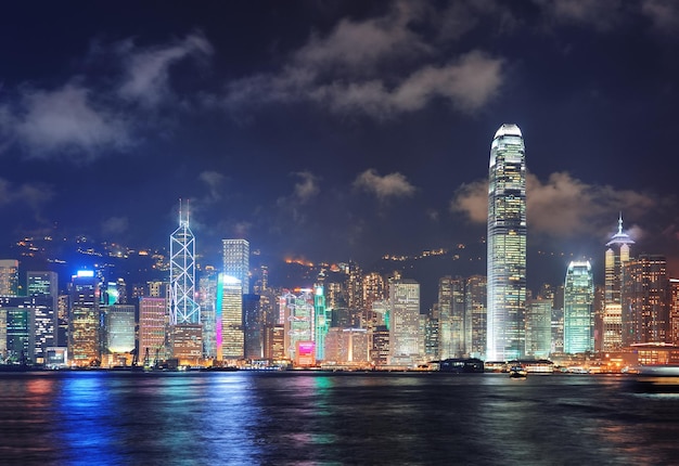 Orizzonte di Hong Kong di notte con le nuvole sopra il porto di Victoria.