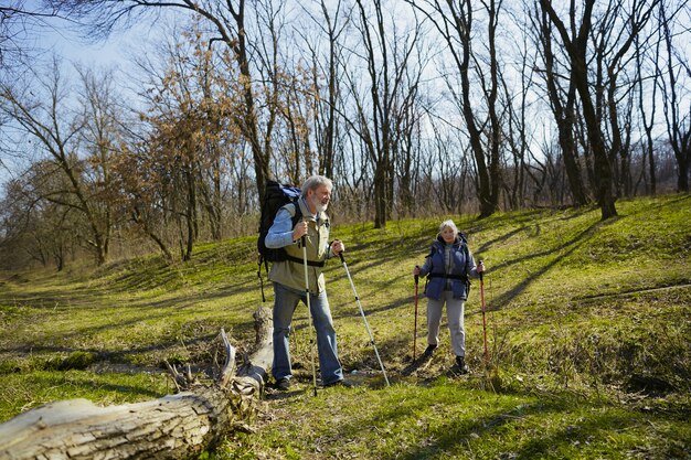 Ottieni nuovi top insieme. Coppia di famiglia invecchiato dell'uomo e della donna in abito turistico che cammina al prato verde in una giornata di sole vicino al torrente. Concetto di turismo, stile di vita sano, relax e solidarietà.