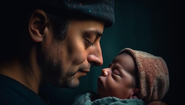 Padre e figlio abbracciano l'amore e la felicità generati dall'IA