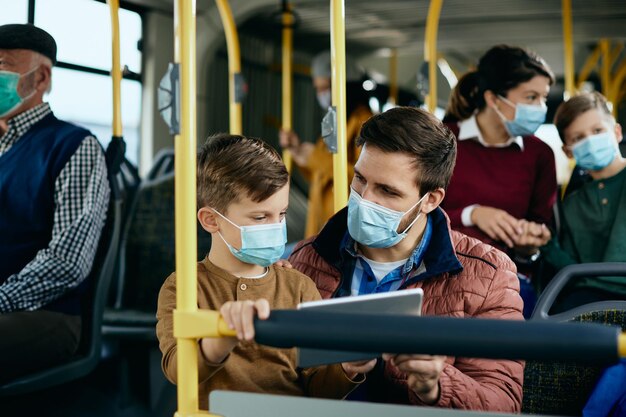 Padre e figlio con maschere facciali che usano il touchpad mentre viaggiano in autobus