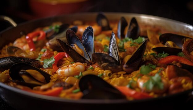 Paella gourmet con frutti di mare e spezie allo zafferano generata dall'IA