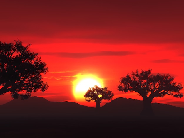 Paesaggio 3D con alberi contro un cielo al tramonto