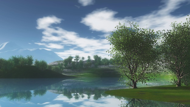 Paesaggio 3D con alberi sulle colline lungo il fiume