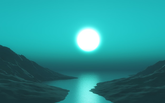 Paesaggio 3D con cielo verde al tramonto