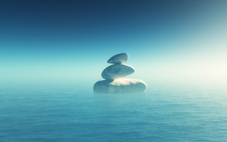 Foto gratuito paesaggio 3d con ciottoli di bilanciamento nell'oceano