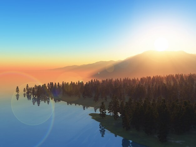Paesaggio 3D di alberi contro un cielo al tramonto