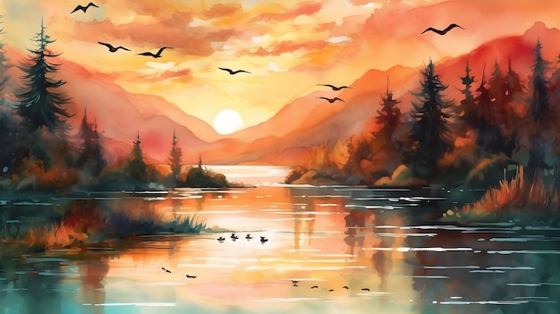 paesaggio acquerellato di un lago al tramonto