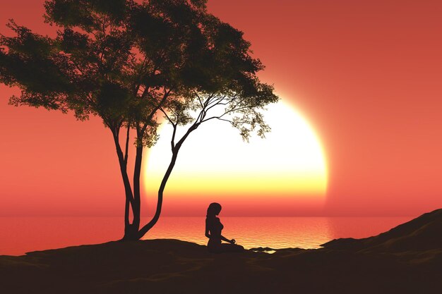 Paesaggio al tramonto 3D con la femmina nella posa di yoga sotto un albero