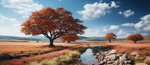 Paesaggio autunnale con un albero in mezzo a un prato