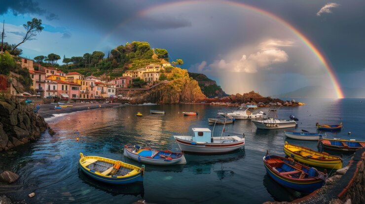 Foto gratuito paesaggio con un arcobaleno colorato che appare nel cielo