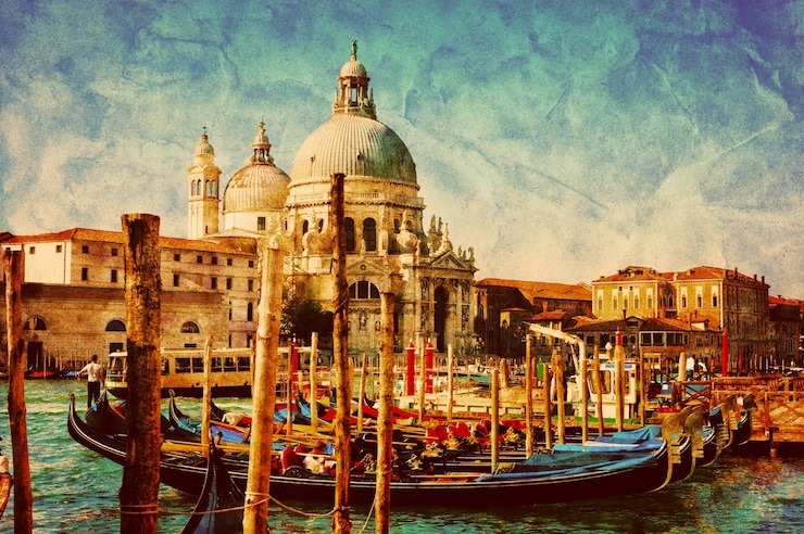 Foto gratuito paesaggio d&#39;epoca con gondole