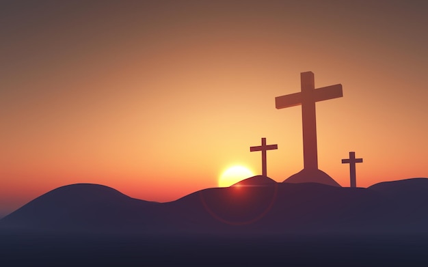 Paesaggio del Venerdì Santo 3D con croci contro un cielo al tramonto