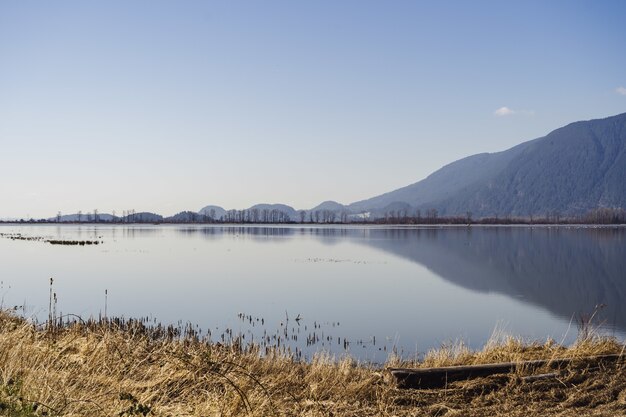 Paesaggio del Wigeon Slough circondato da colline sotto la luce del sole in British Columbia, Canada