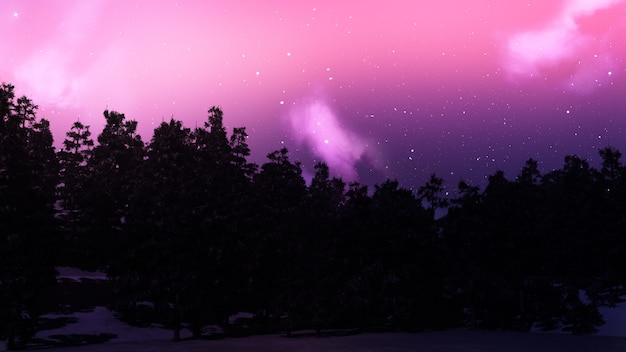 Paesaggio dell&#39;albero 3D contro un cielo notturno stellato