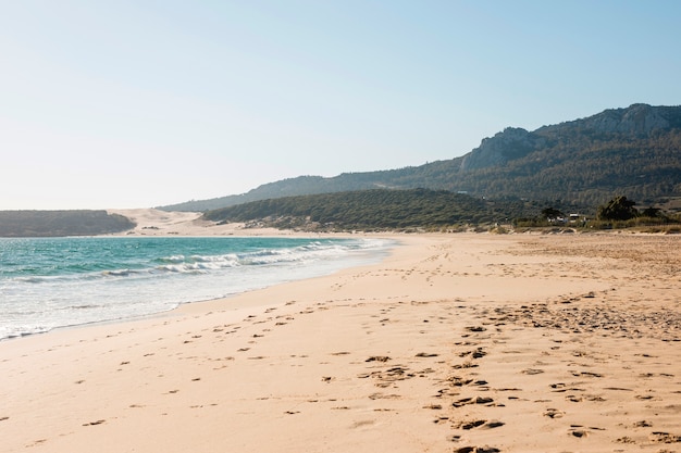 Paesaggio della bella spiaggia con la montagna sullo sfondo