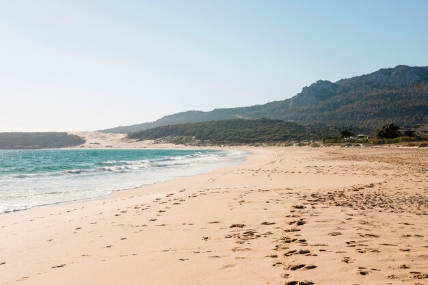 Paesaggio della bella spiaggia con la montagna sullo sfondo